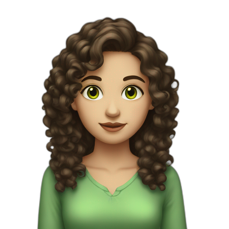 a young lady with dark brown curly hair and green eyes emoji