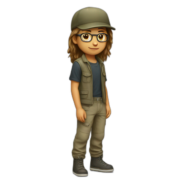 young boy with long hair and cap and Cargo pants and have glasses emoji