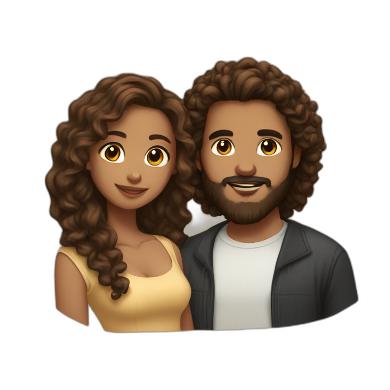 light brown skin girl with long curly brown hair and her boyfriend with light skin and black beard emoji