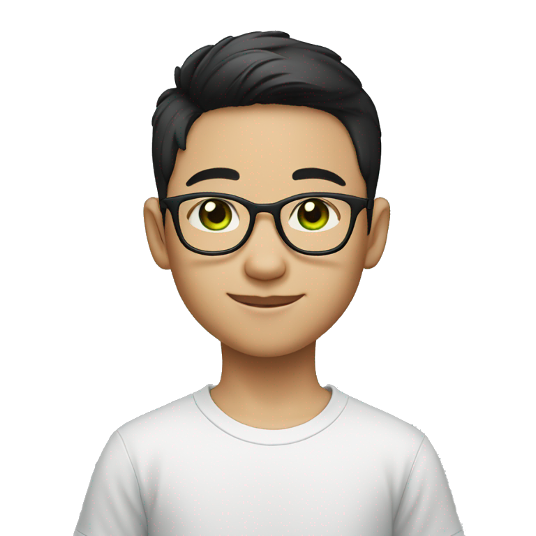 The young Chinese boy WITH GREEN EYES smiled with short hair, black-rimmed glasses and a black T-shirt. emoji