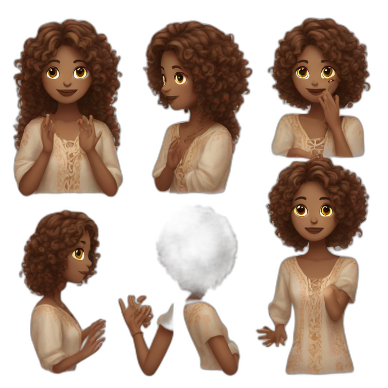 woman-designer in boho style (white skin, brown middle curly hair) shows heart with her hands emoji