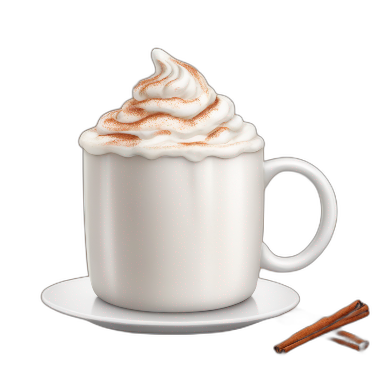 white mug of hot chocolate with whipped cream and cinnamon emoji
