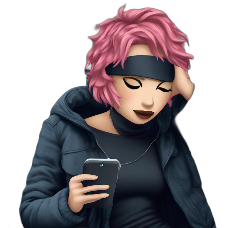 girl with short hair holding phone emoji