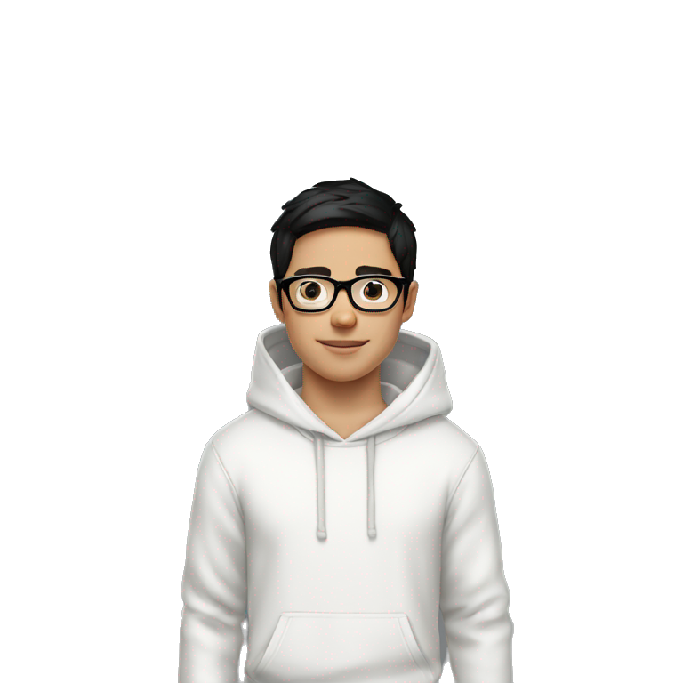 young white boy black hair white hoodie with glasses emoji