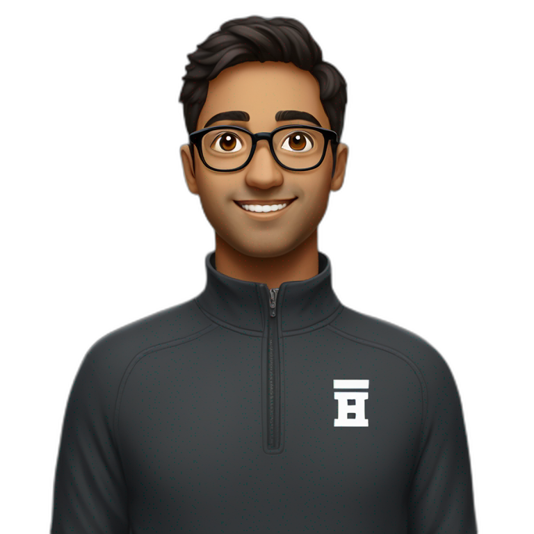 25 year old indian silicon valley creator economy startup founder wearing glasses in a black quarter zip with a harvard logo emoji