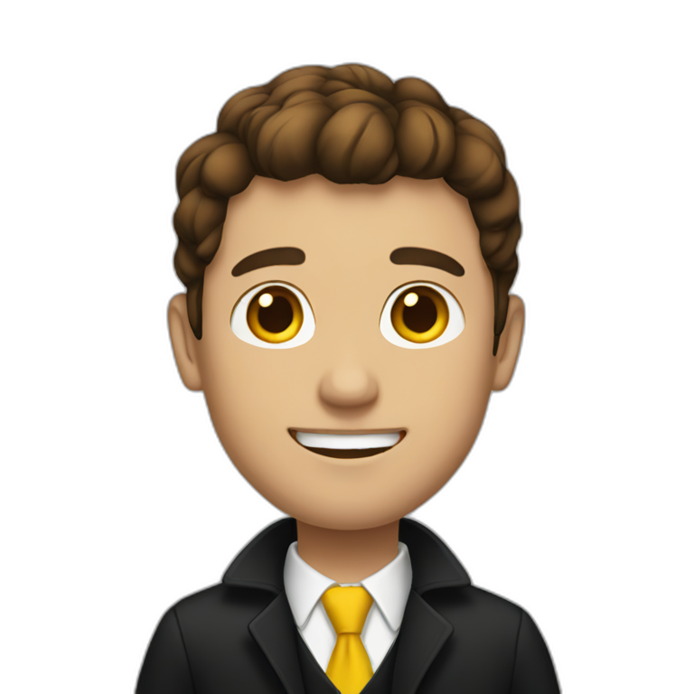 brown haired guy with a black coat and a yellow tie emoji