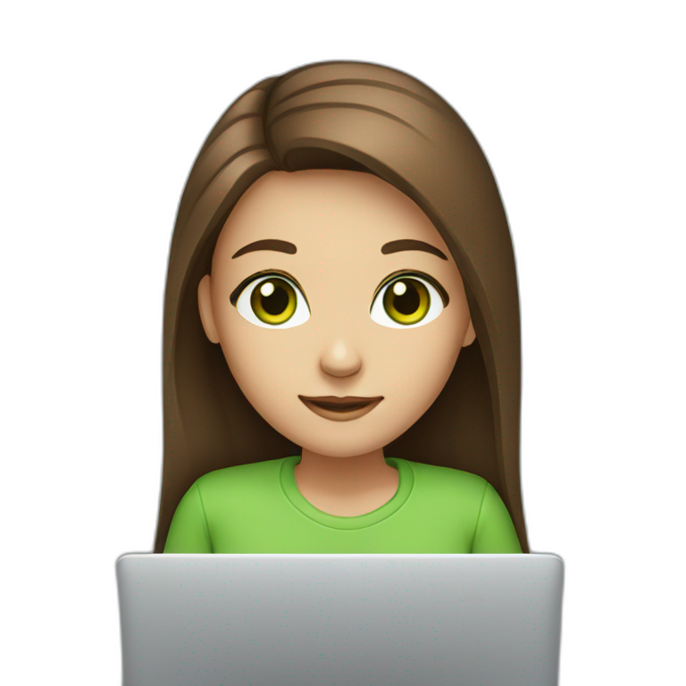 girl with long brown hair, green eyes, with laptop emoji