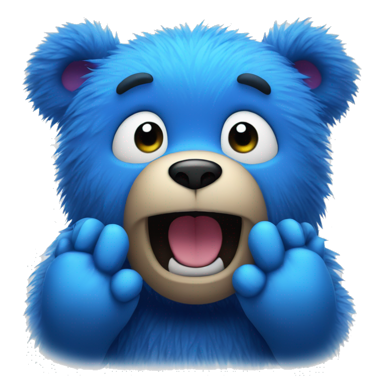 Blue fuzzy bear making a surprised face with hands on their face  emoji