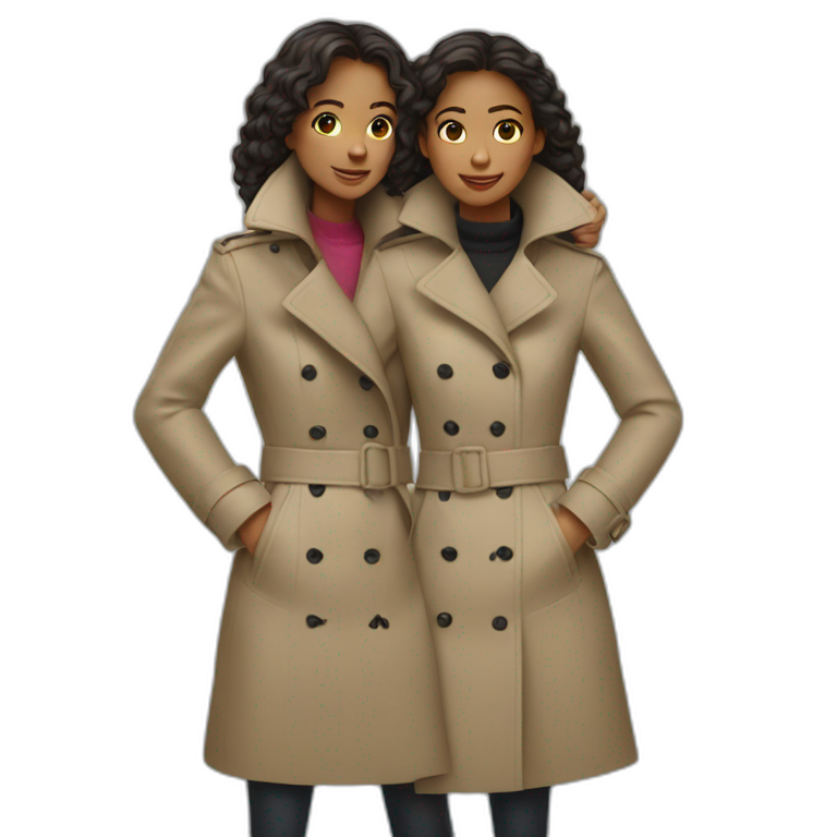 Two girls make a shoulders ride in one trench coat emoji