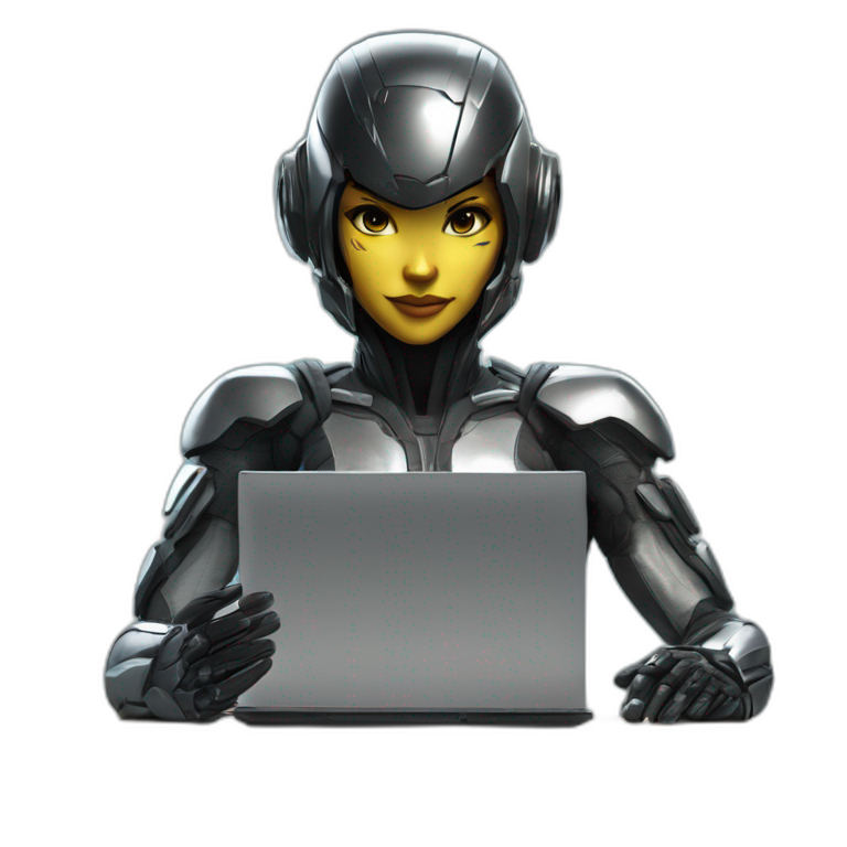 Girl developer behind his laptop with this style : Crytek Crysis Video game with nanosuit character hacker themed character emoji