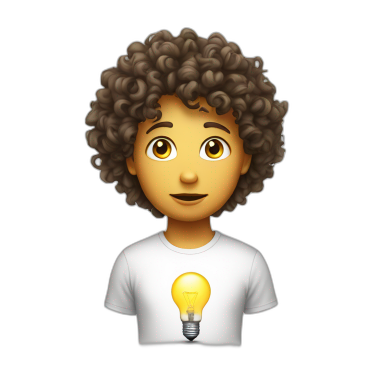 curly hair white tshirt thinking with light bulb emoji