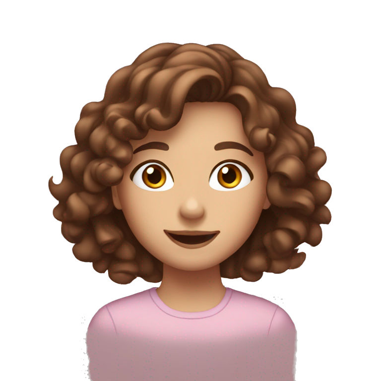 teen girl with long brown curly hair, brown eyes, waving to the camera emoji