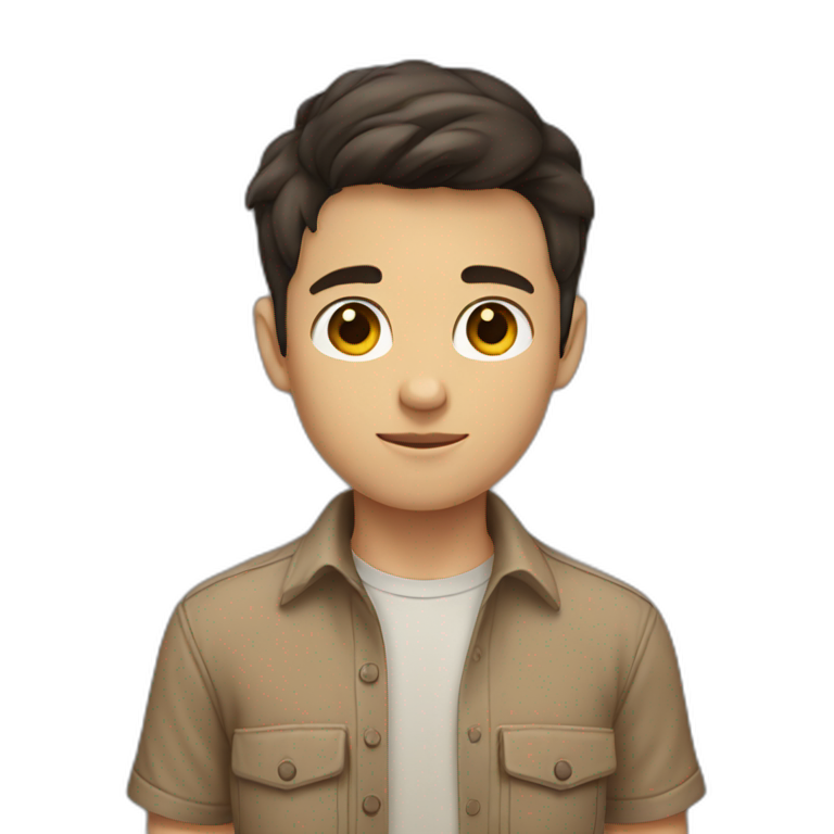 short dark hair white young boy in brown button up shirt with a tshirt under holding an arm emoji