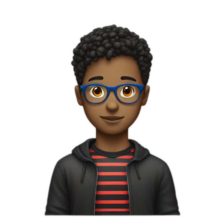 young boy with blue glasses, short hair, and black t-shirt anda red and black stripped shirt on top emoji
