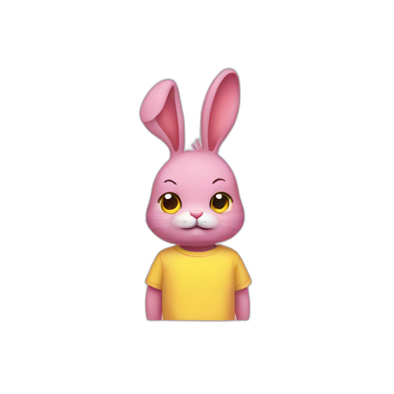 rabbit pink frowning, wears teeshirt yellow emoji
