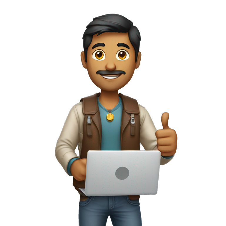 indian college man holding laptop thumbs up emoji