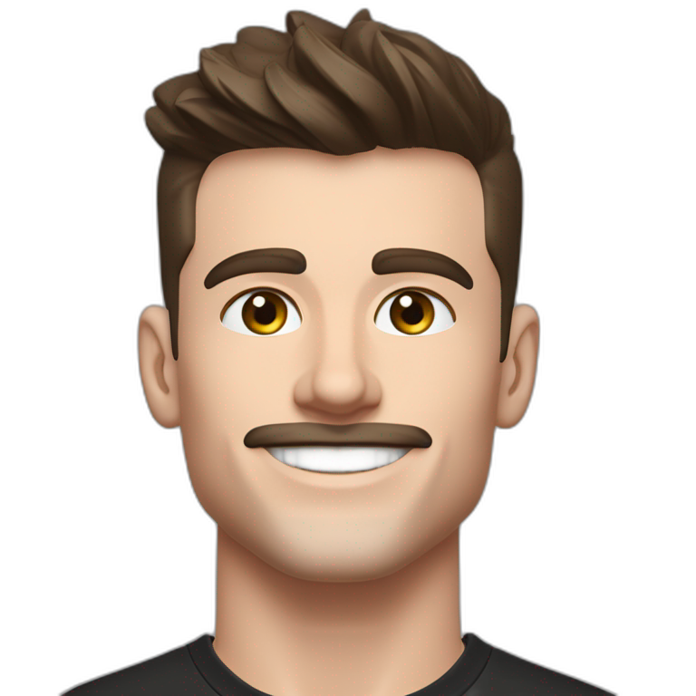Mason mount 30 year old Silicon Valley designer smiling with stubble and mustache in a black tshirt with broad shoulders profile photo hair fade undercut emoji
