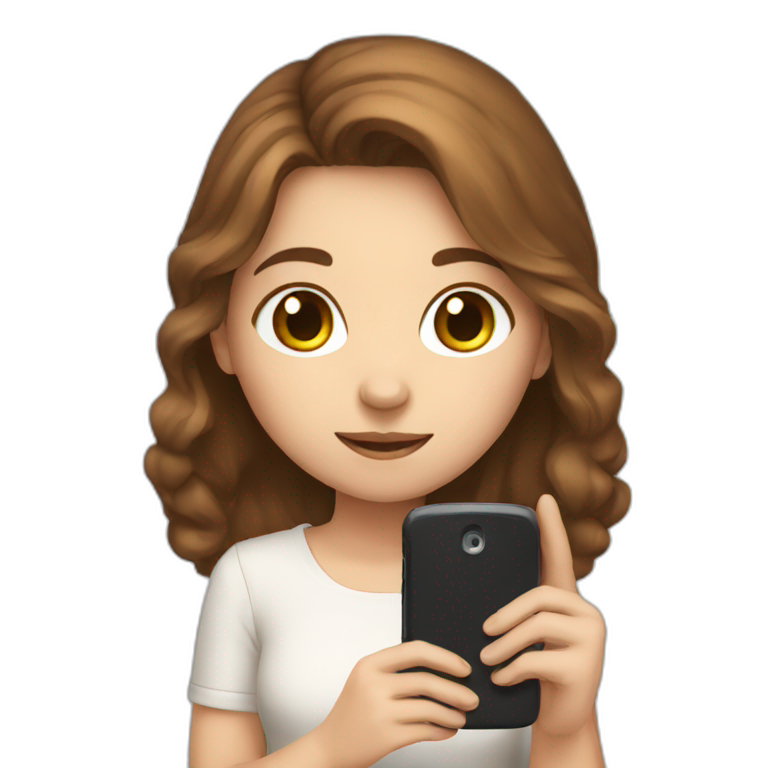 White cute girl with brown hair holding phone emoji