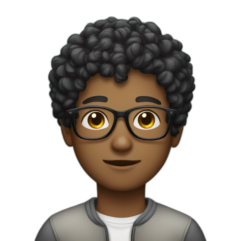 A boy with a black curly short hair and the glasses emoji