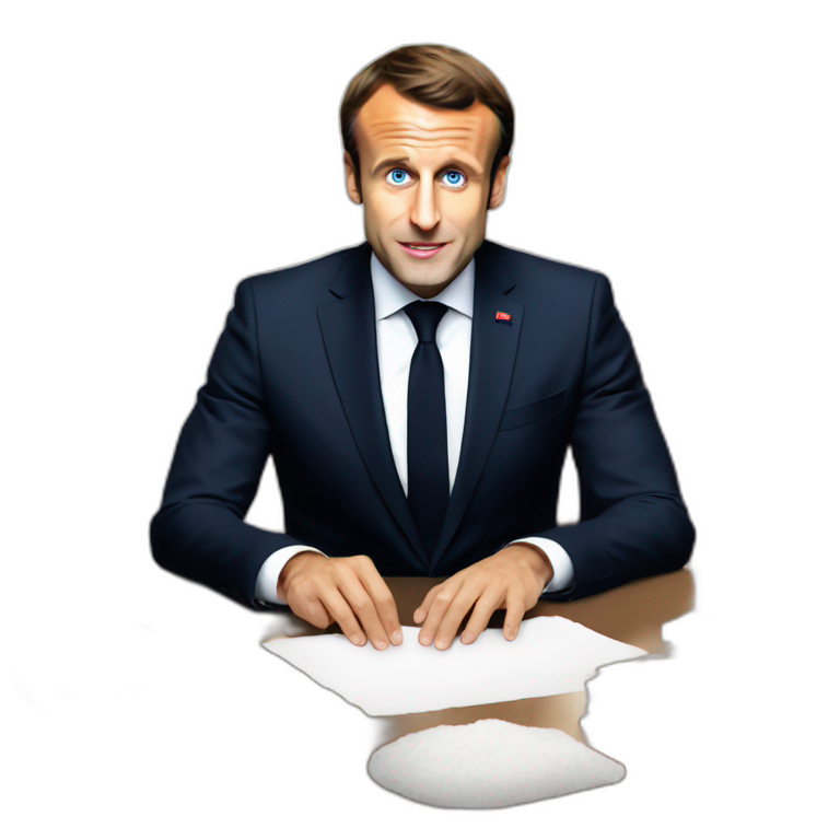 Emmanuel Macron in front of his desk, he has a little flour on his nose, there is a pile of white flour on the desk, and his taste buds are dilated emoji