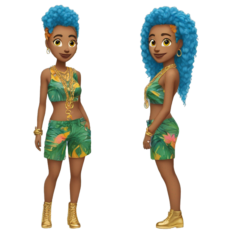 Person wearing funky tropical outfit collage with gold chain necklace and blue and ginger dyed hair emoji