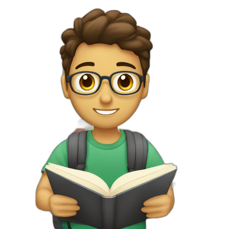 joven estudiante sentado sobre sus libros y cuadernos que son muchos y con un libro en sus manos y sobre su cabeza, de piel blanca y con su mascota emoji