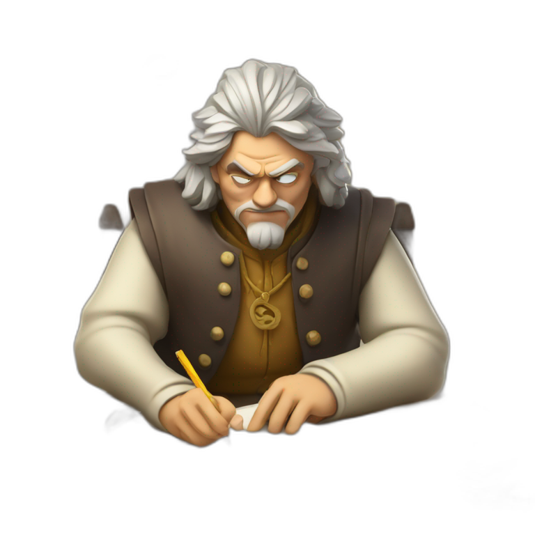 middle ages taxman, angry, writing on a paper, pile of gold emoji