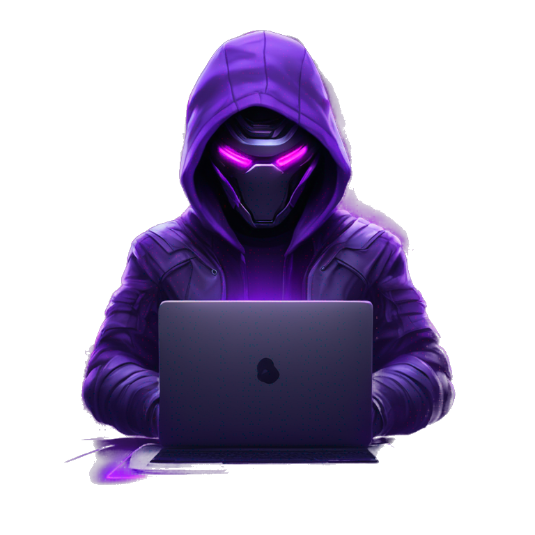 Hacker behind his laptop with this style : crysis Cyberpunk Valorant neon glowing bright purple character purple violet black hooded assassin themed character emoji