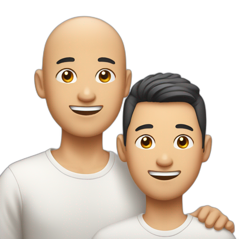 Happy asian gay couple, 1 guy with hair and 1 guy without hair emoji
