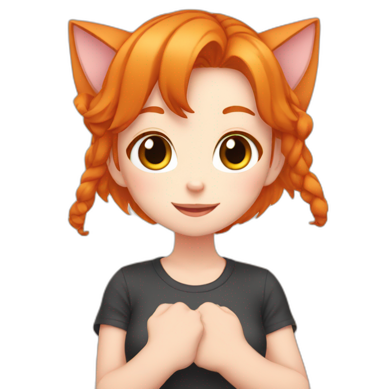 Ginger anime girl making heart with fingers has cat ears emoji