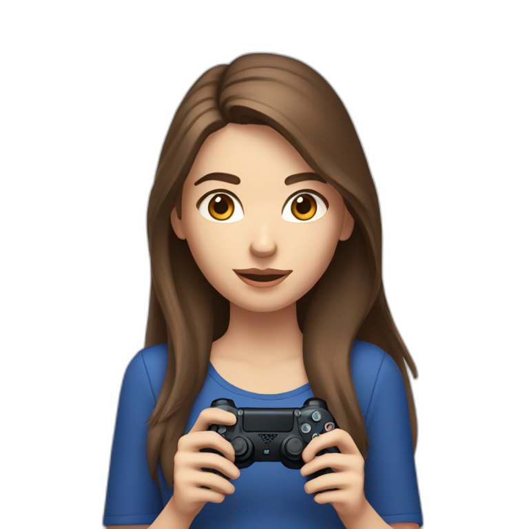 Caucasian Girl with long Brown hair holding a playstation 4 controller looking at a screen emoji