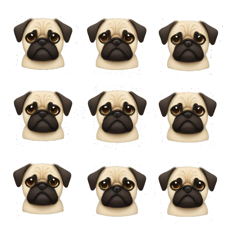 Generate vector highly simplified flat sticker type images with stylized simplistic shapes featuring a pug dog. emoji