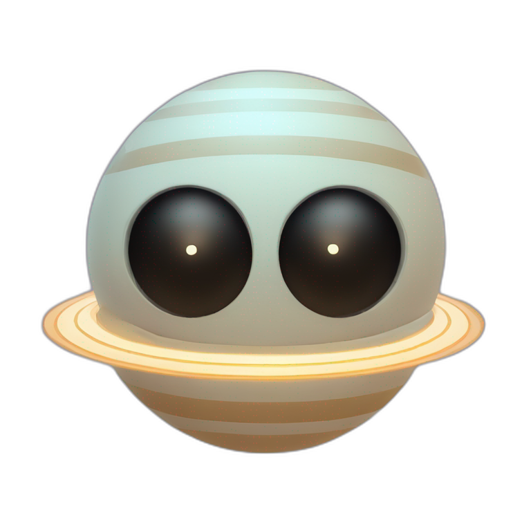 planet Saturn with a cartoon futuristic face with big calm eyes emoji