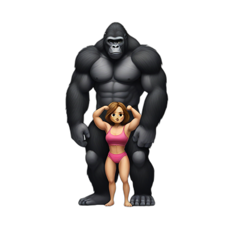 Big buff Gorilla holding a beautiful girl with a big back doing squats emoji