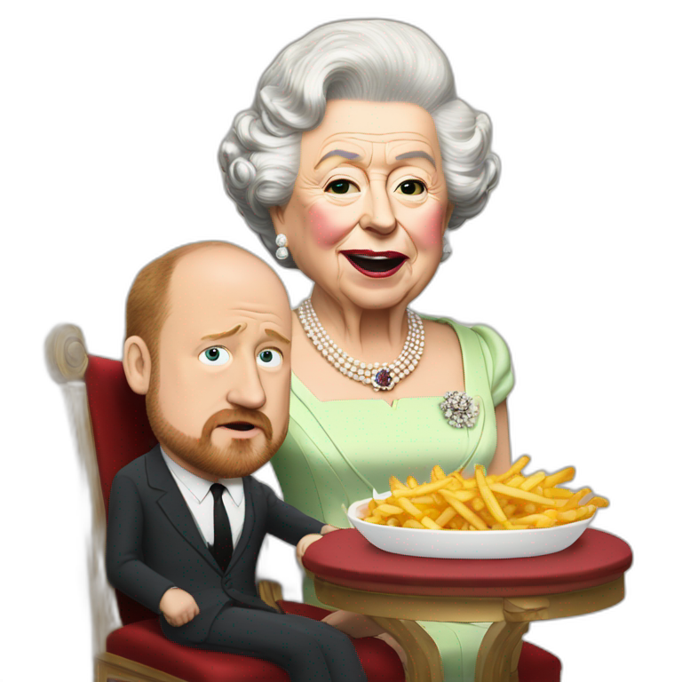 Queen Elizabeth II eating fries with louis c.k. emoji
