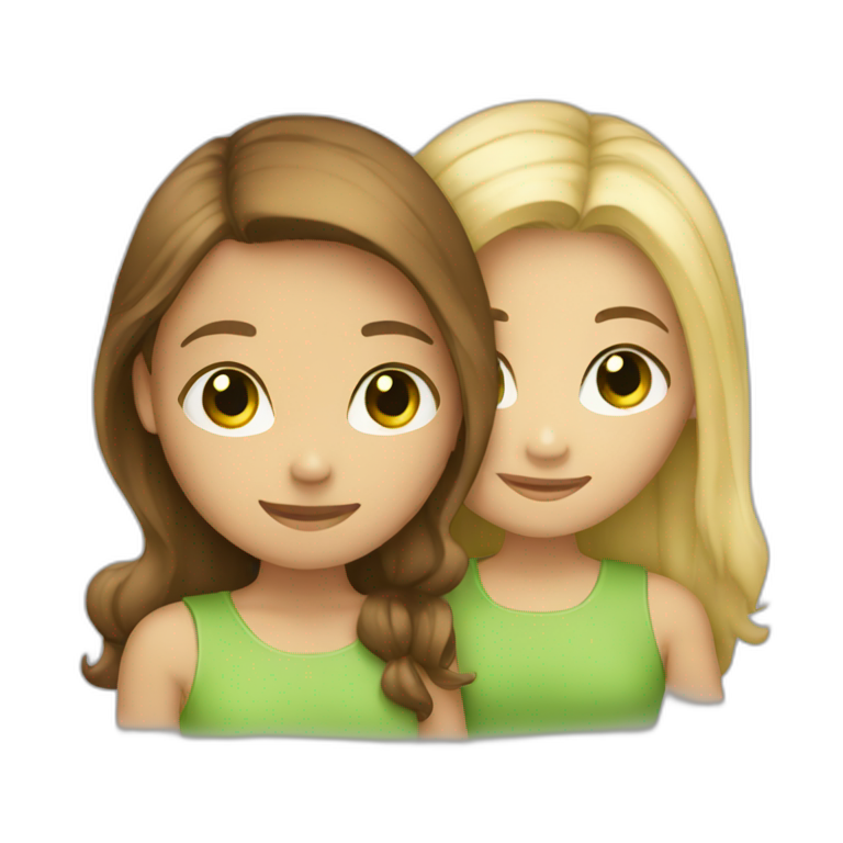 Two girls hugging: one has brown hair and brown eyes, and the other is blonde with green eyes. emoji