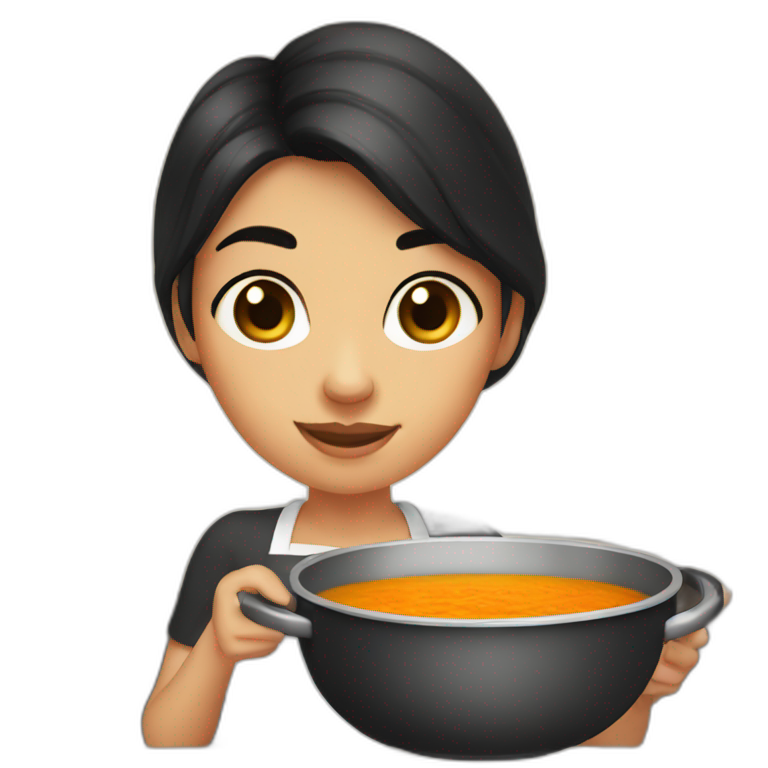 Girl with dark eyes and dark hair, cooking soup with pumpkin  emoji