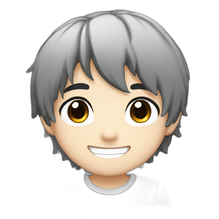 anime boy cartoon smiling with black hair, black and white t shirt, and black eyes emoji