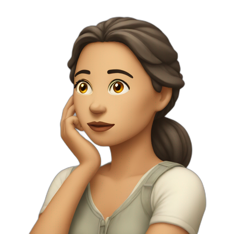 pensive, thoughtful woman touching her chin and looking up emoji
