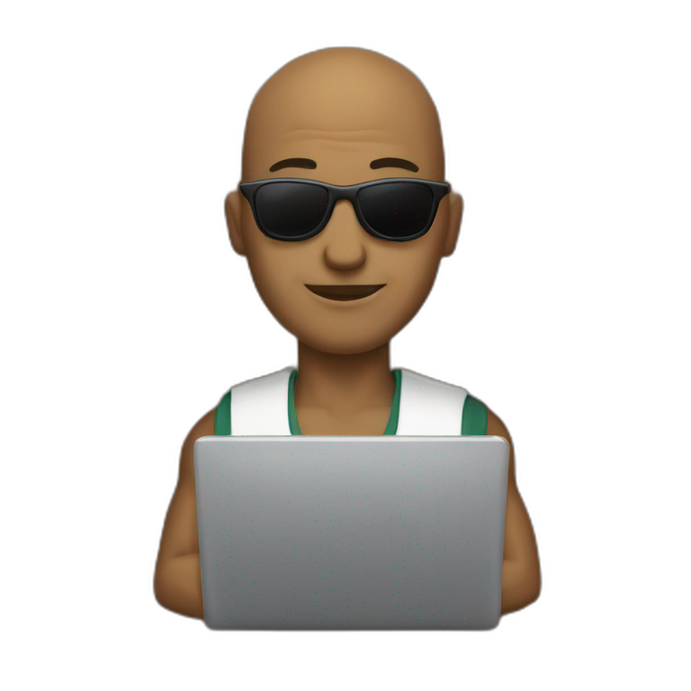 a stronge bald man with sunglasses holding a laptop emoji