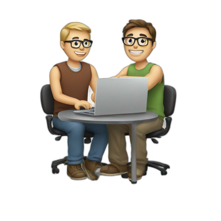 two geeks working together with a computer emoji