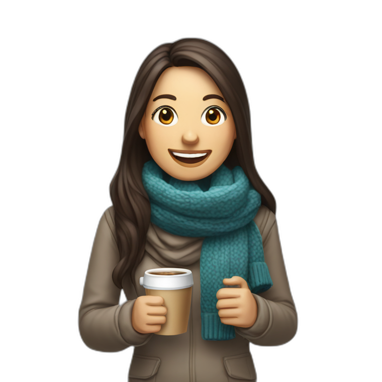 white laughing female data science engineer with dark brown straight long hair in a tech startup wearing woolly scarf and wearing a coffee mug, not full body shot emoji