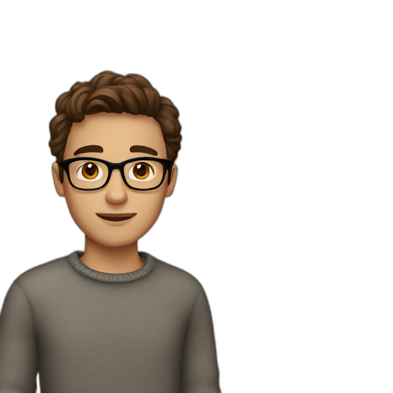 A young man with brown eyes and brown hair, glasses and a sweater emoji