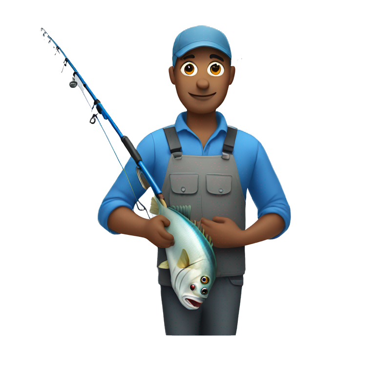 man holding blue fishing rod and tuna emoji