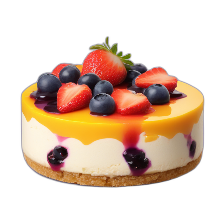 No bake cheesecake topped with 3 jams strawberry , blueberry and mango  emoji