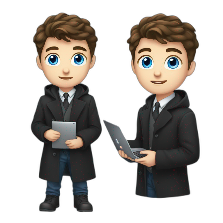 Blue eyes ,uses laptop in hands, uses laptop in hands, Blue eyes, Classy programmer, 13 years old, coat, formal outfit, pc in hands, brunette boy, black coat, all body emoji