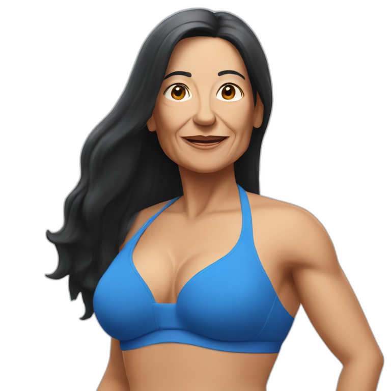 Older Spanish woman with long black hair, in a blue fitness bikini emoji