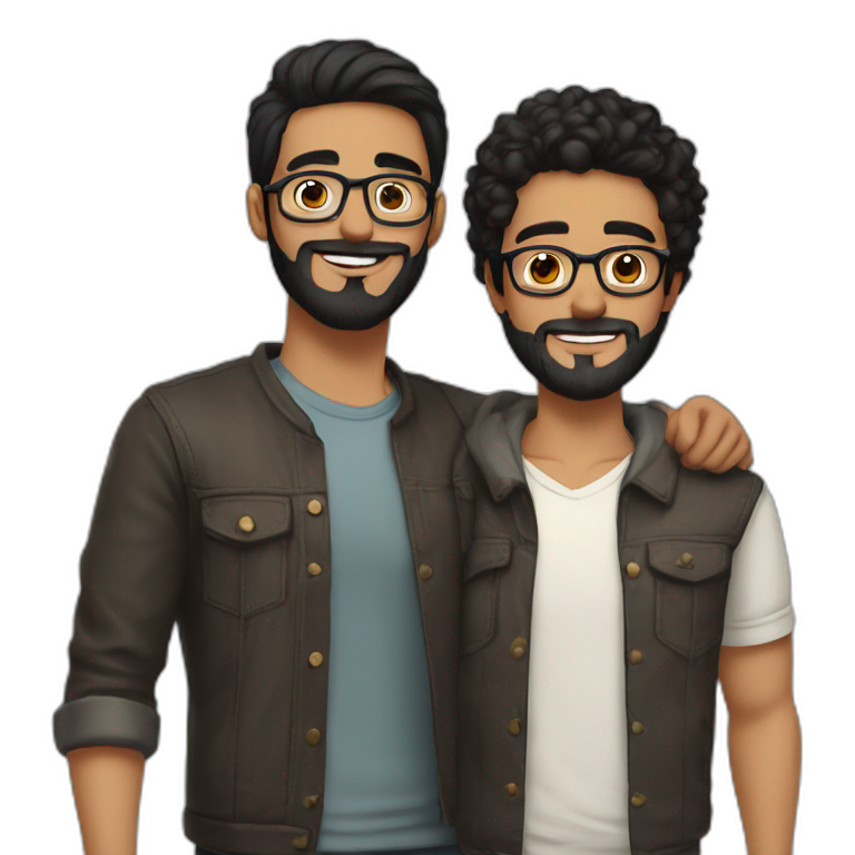 Gay couple of a 32 years old Colombian man with beard and black hair and brown holding hand with a man, 21 years old, NO BEARD, with glasses emoji