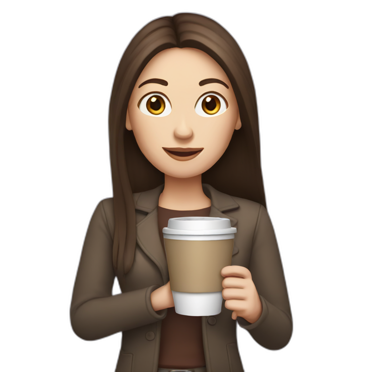 woman with long straight brown hair and pale skin holding a laptop and a coffee mug emoji