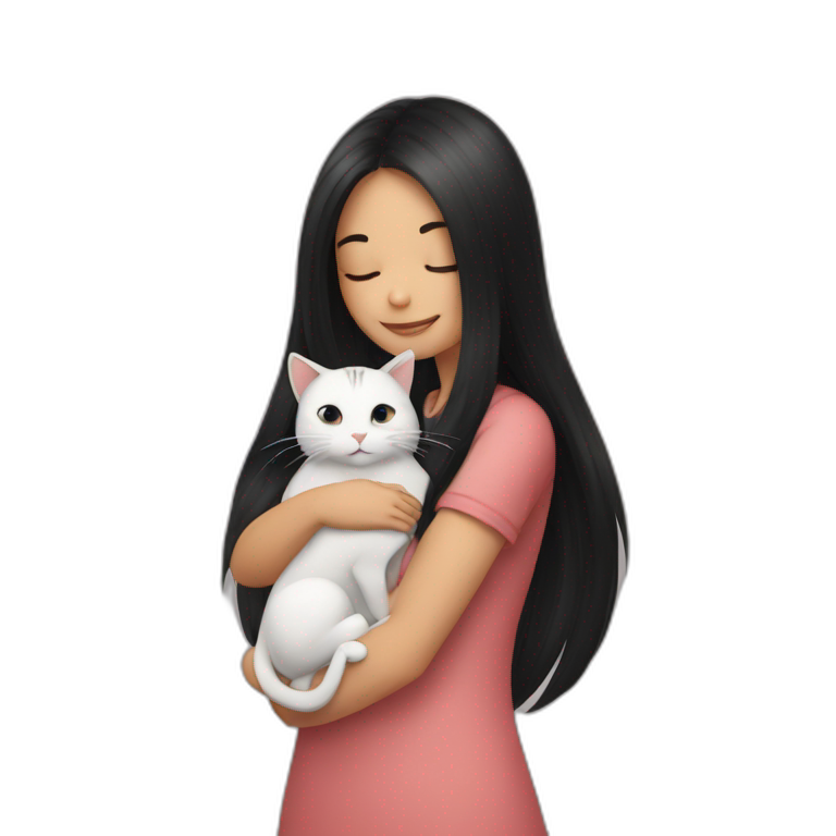A girl with long black hair hugging a beautiful cat emoji
